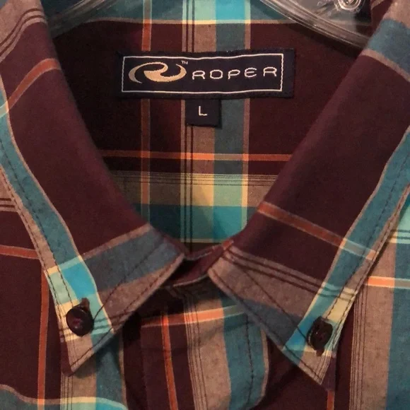 Mens Roper Shirt Brown Blue Multi Plaid Large 100% Cotton - Picture 3 of 5